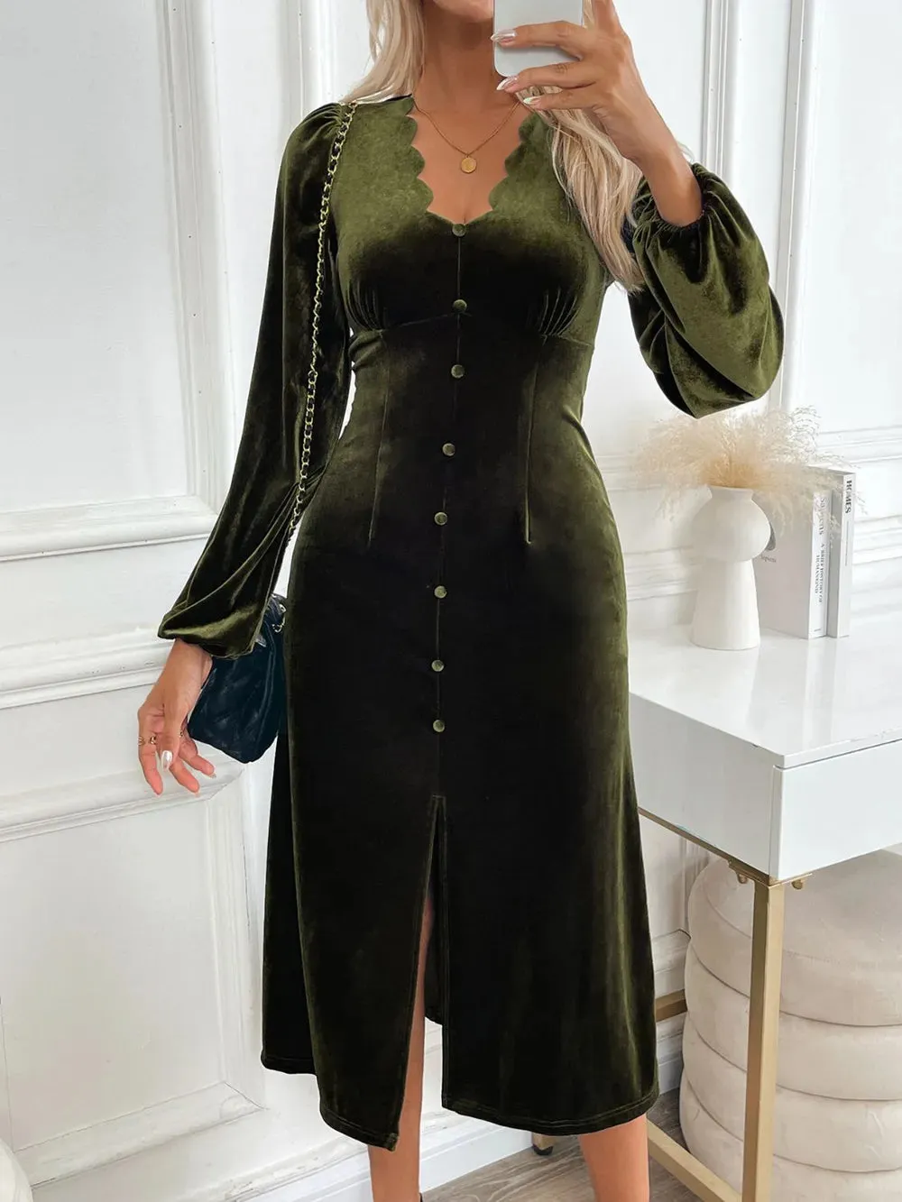 Perfee Slit V-Neck Long Sleeve Midi Dress sold by Gigi Laurent product image thumbnail 3