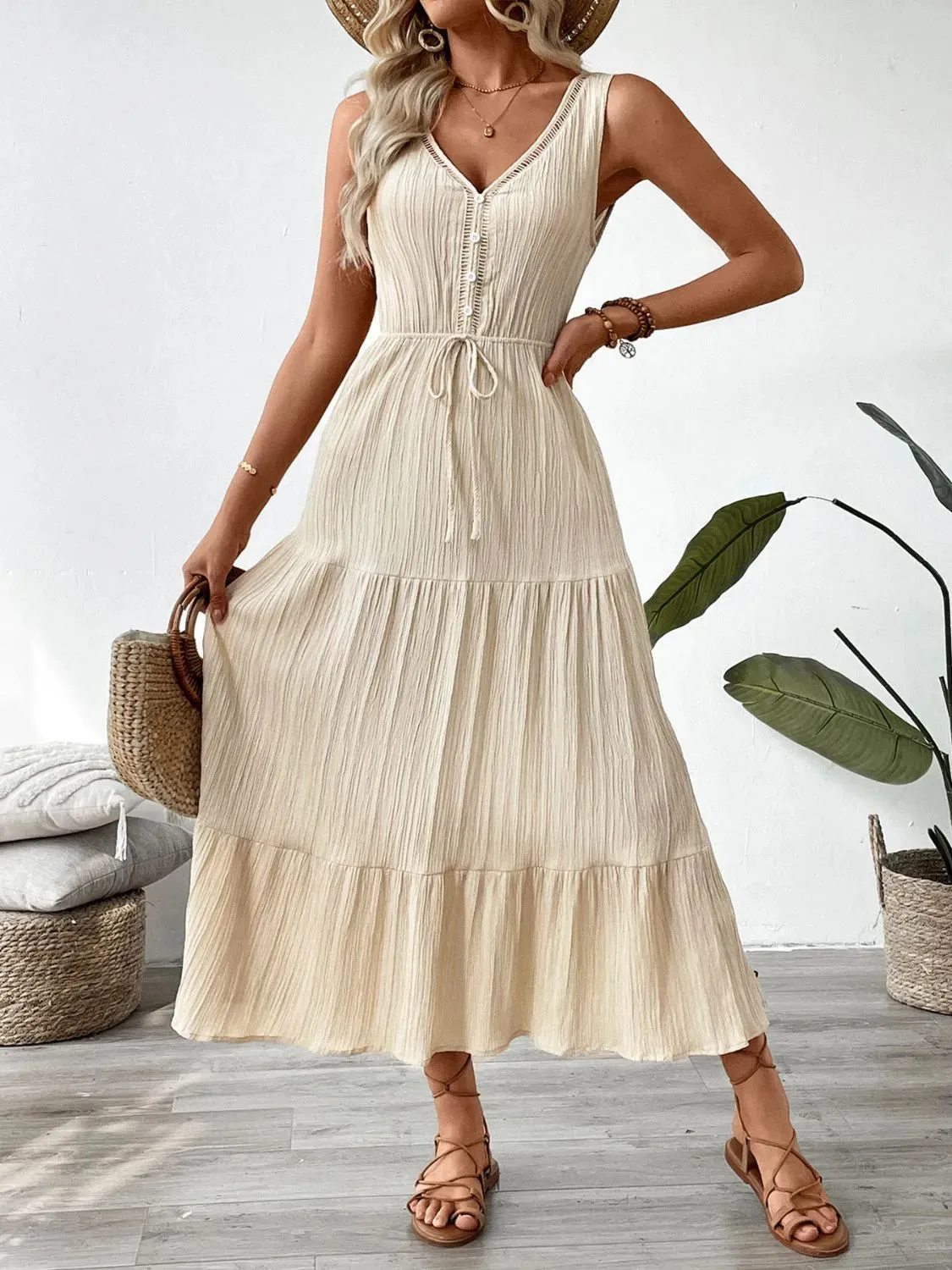 Decorative Button V-Neck Sleeveless Midi Tank Dress sold by Gigi Laurent