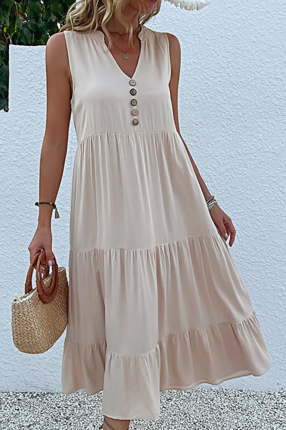 Perfee Decorative Button Sleeveless Tiered Dress sold by Gigi Laurent product image thumbnail 2