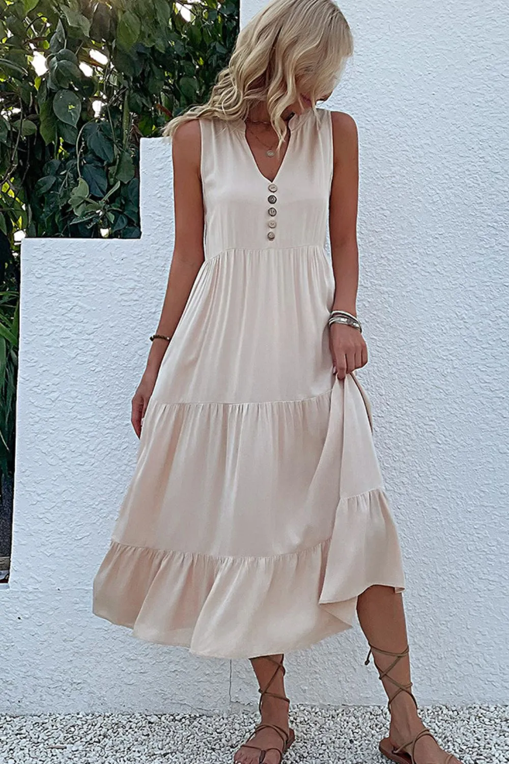 Perfee Decorative Button Sleeveless Tiered Dress sold by Gigi Laurent