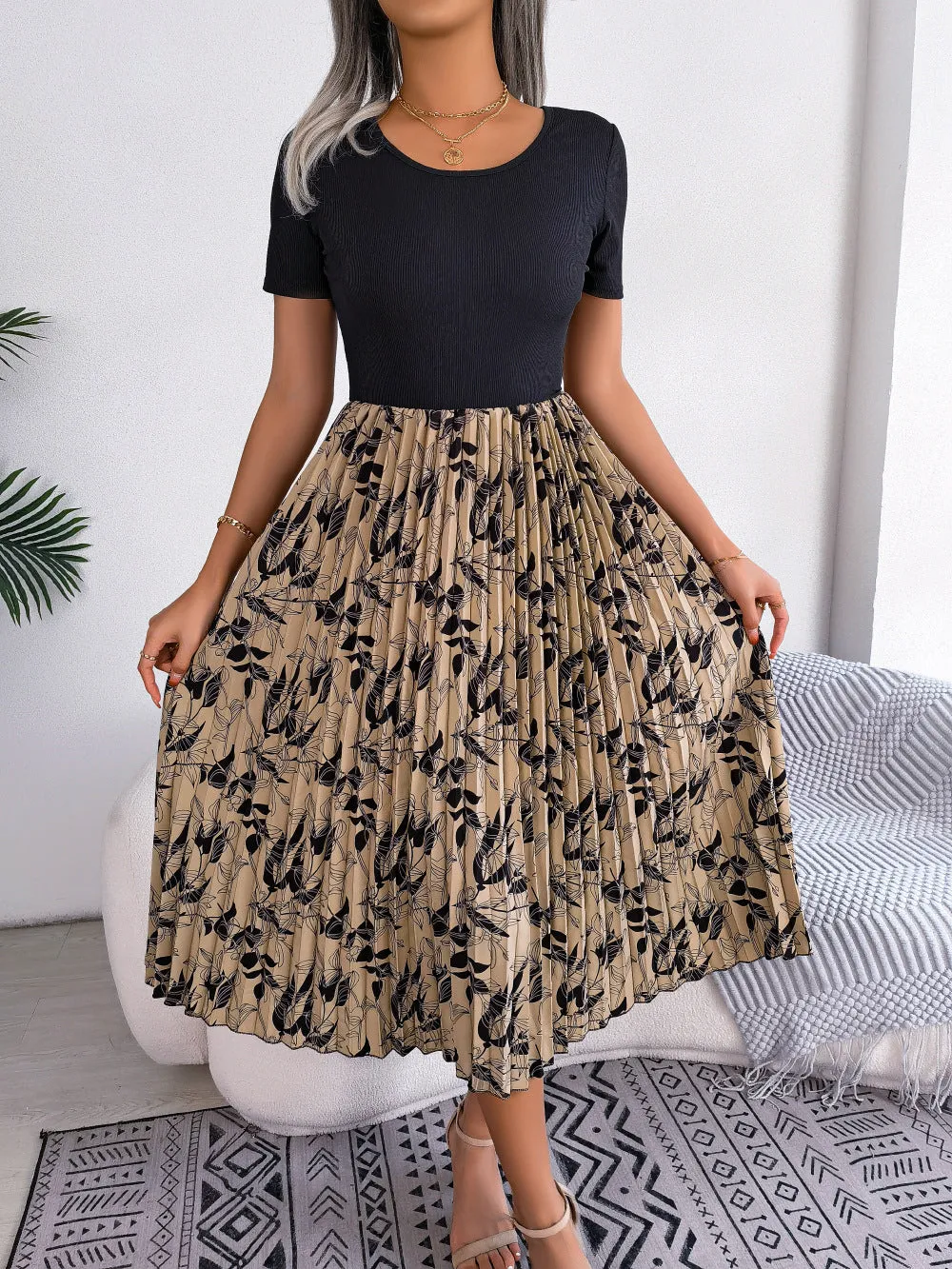 Printed Round Neck Pleated Dress sold by Gigi Laurent