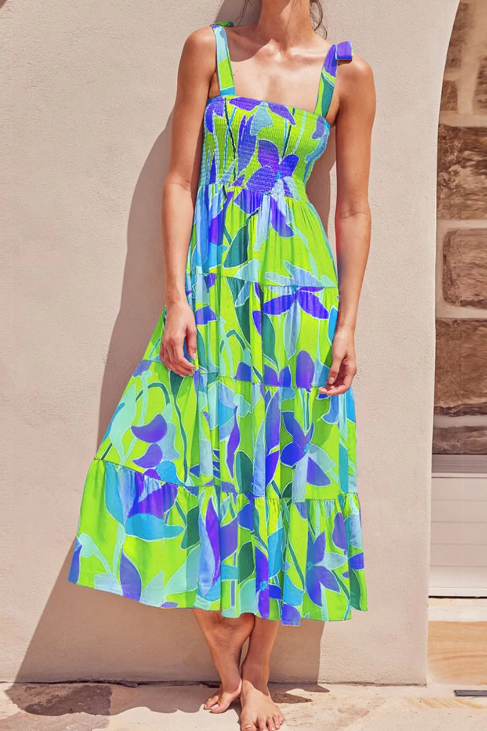 Floral Tie-Shoulder Smocked Midi Dress sold by Gigi Laurent