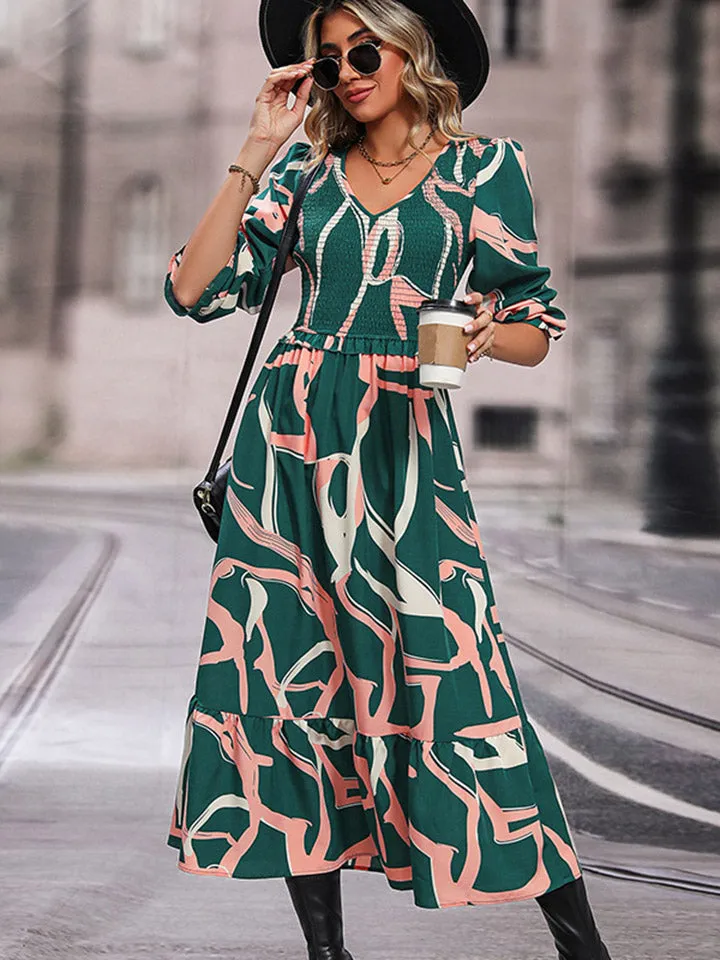 Perfee Printed Smocked V-Neck Three-Quarter Sleeve Midi Dress sold by Gigi Laurent product image thumbnail 3
