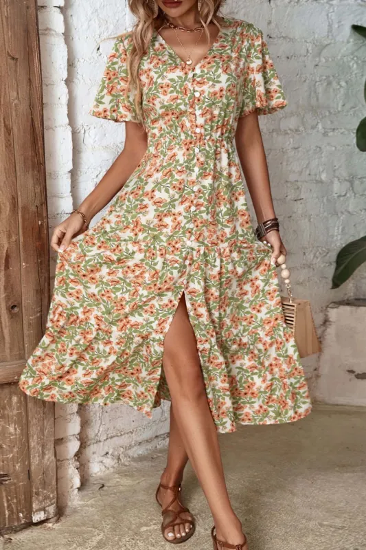 Perfee Floral V-Neck Front Slit Dress sold by Gigi Laurent