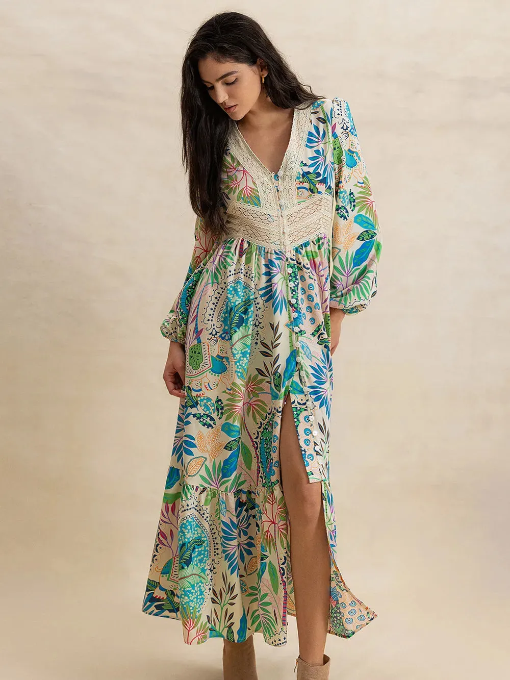 Slit Printed V-Neck Long Sleeve Midi Dress sold by Gigi Laurent product image thumbnail 4