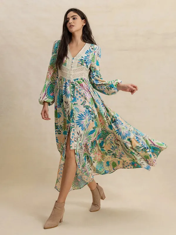 Slit Printed V-Neck Long Sleeve Midi Dress sold by Gigi Laurent