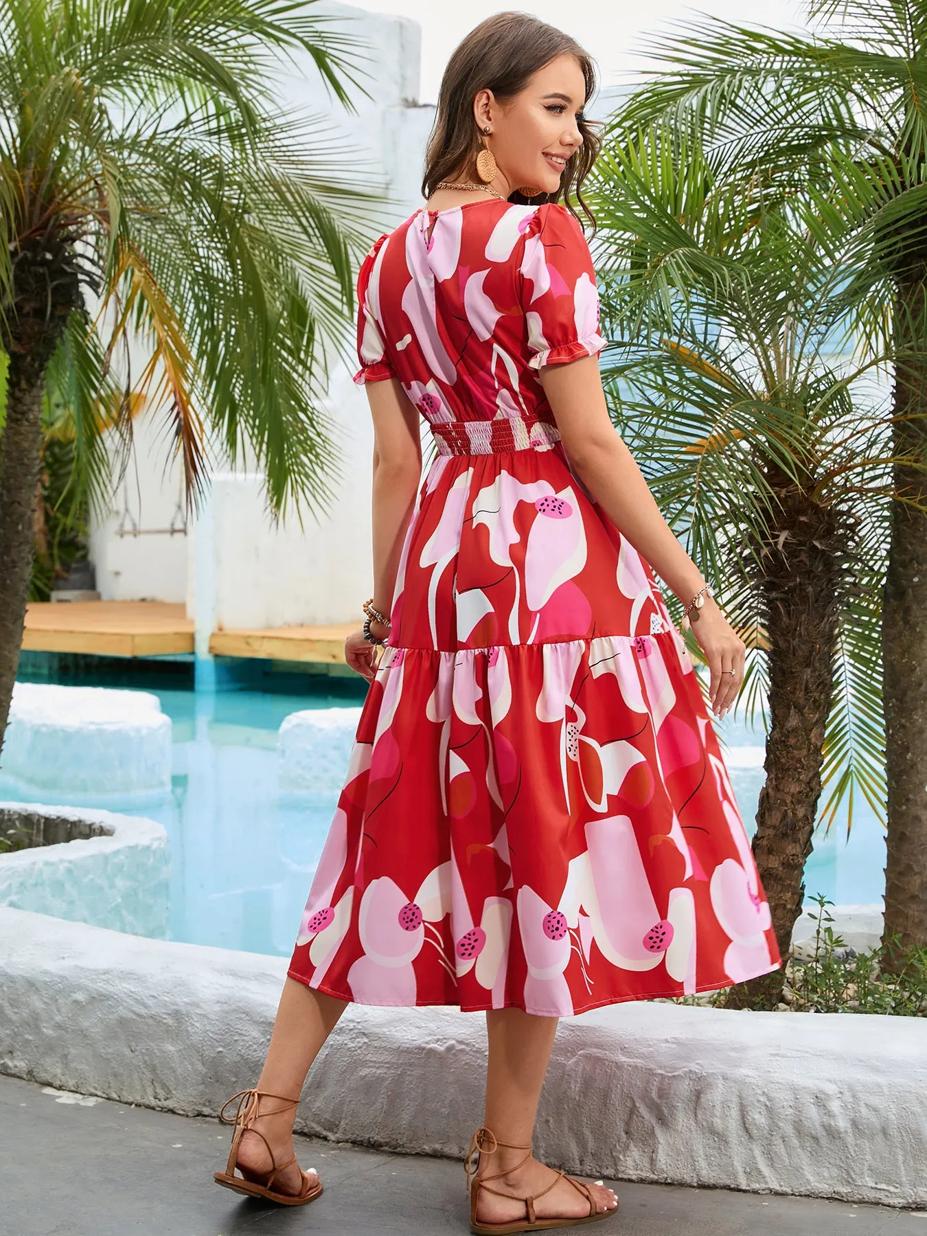 Printed Round Neck Flounce Sleeve Midi Dress sold by Gigi Laurent product image thumbnail 2