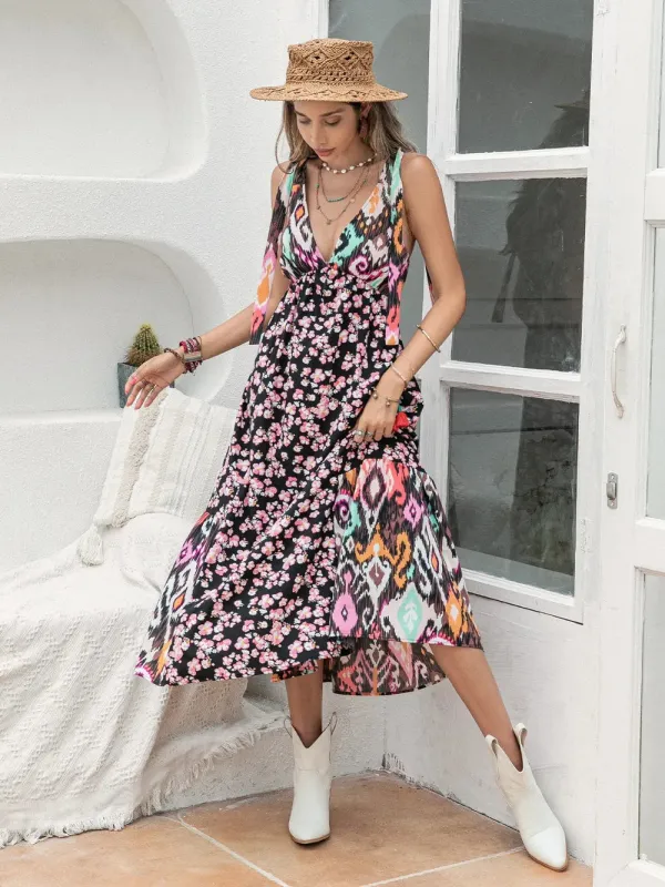 Printed Plunge Sleeveless Midi Dress sold by Gigi Laurent