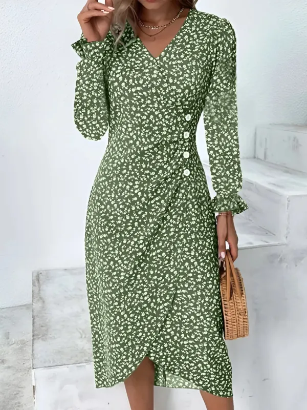 Full Size Printed Surplice Long Sleeve Midi Dress sold by Gigi Laurent