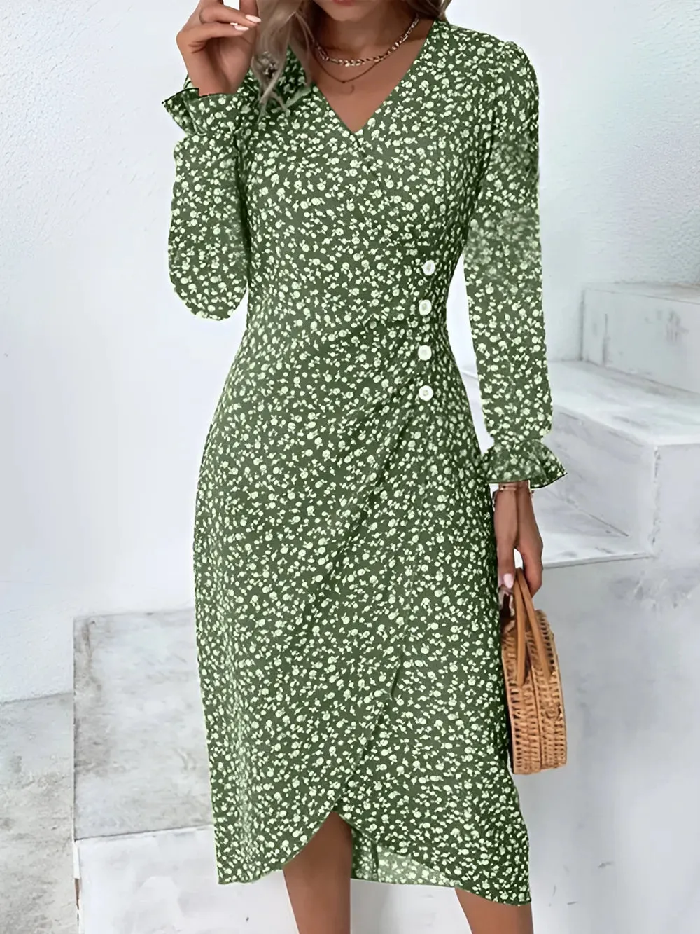 Full Size Printed Surplice Long Sleeve Midi Dress sold by Gigi Laurent