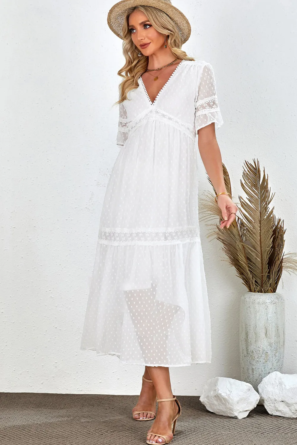Swiss Dot V-Neck Short Sleeve Midi Dress sold by Gigi Laurent product image thumbnail 4