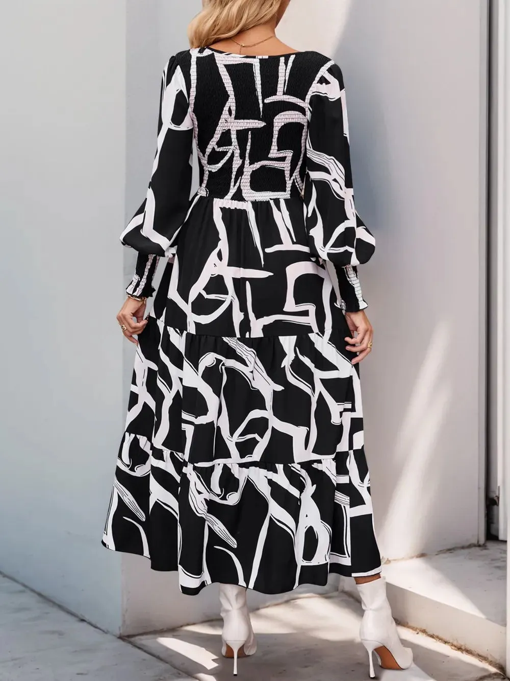 Perfee Smocked Printed Long Sleeve Midi Dress sold by Gigi Laurent product image thumbnail 2