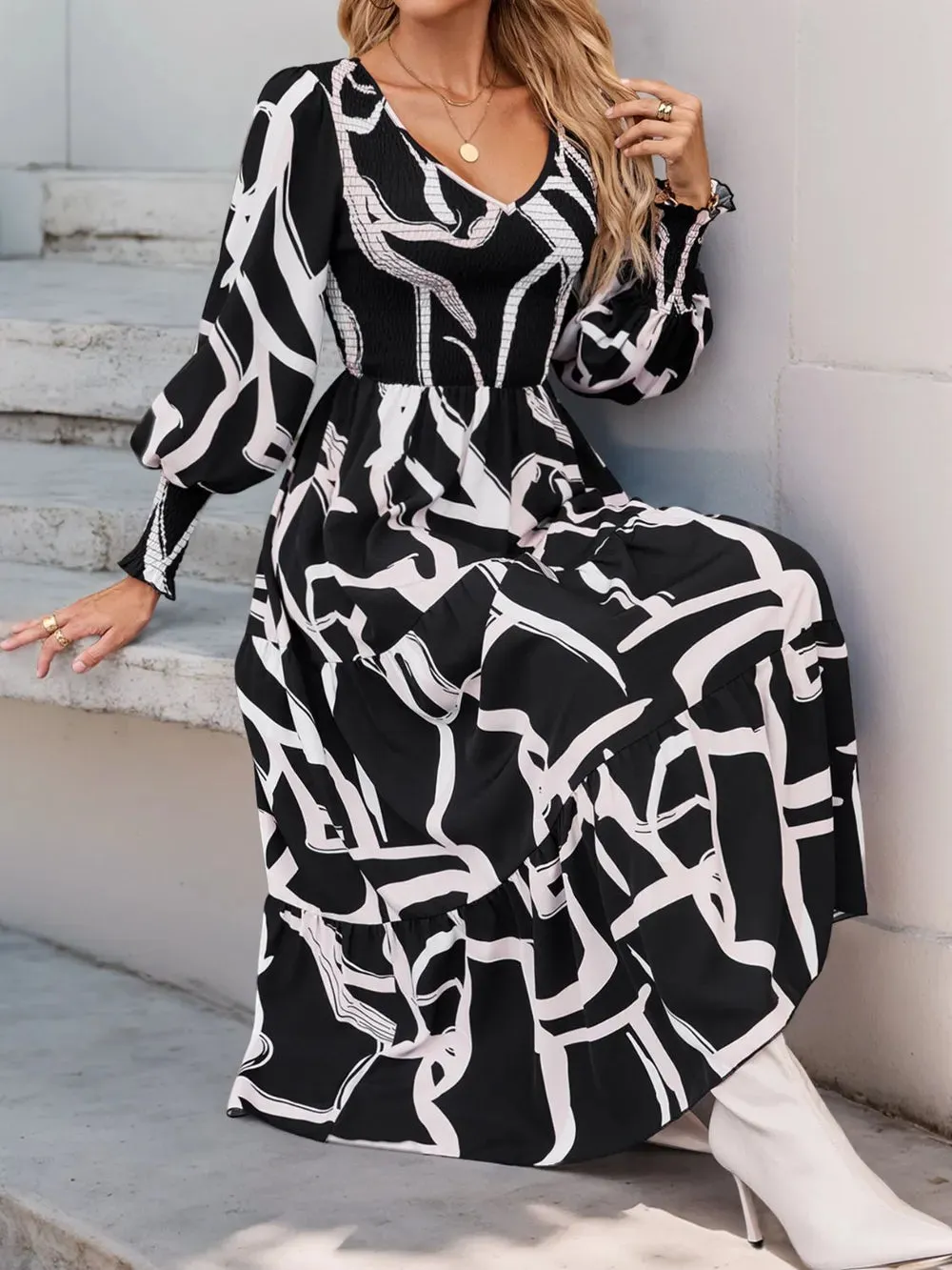 Perfee Smocked Printed Long Sleeve Midi Dress sold by Gigi Laurent product image thumbnail 3