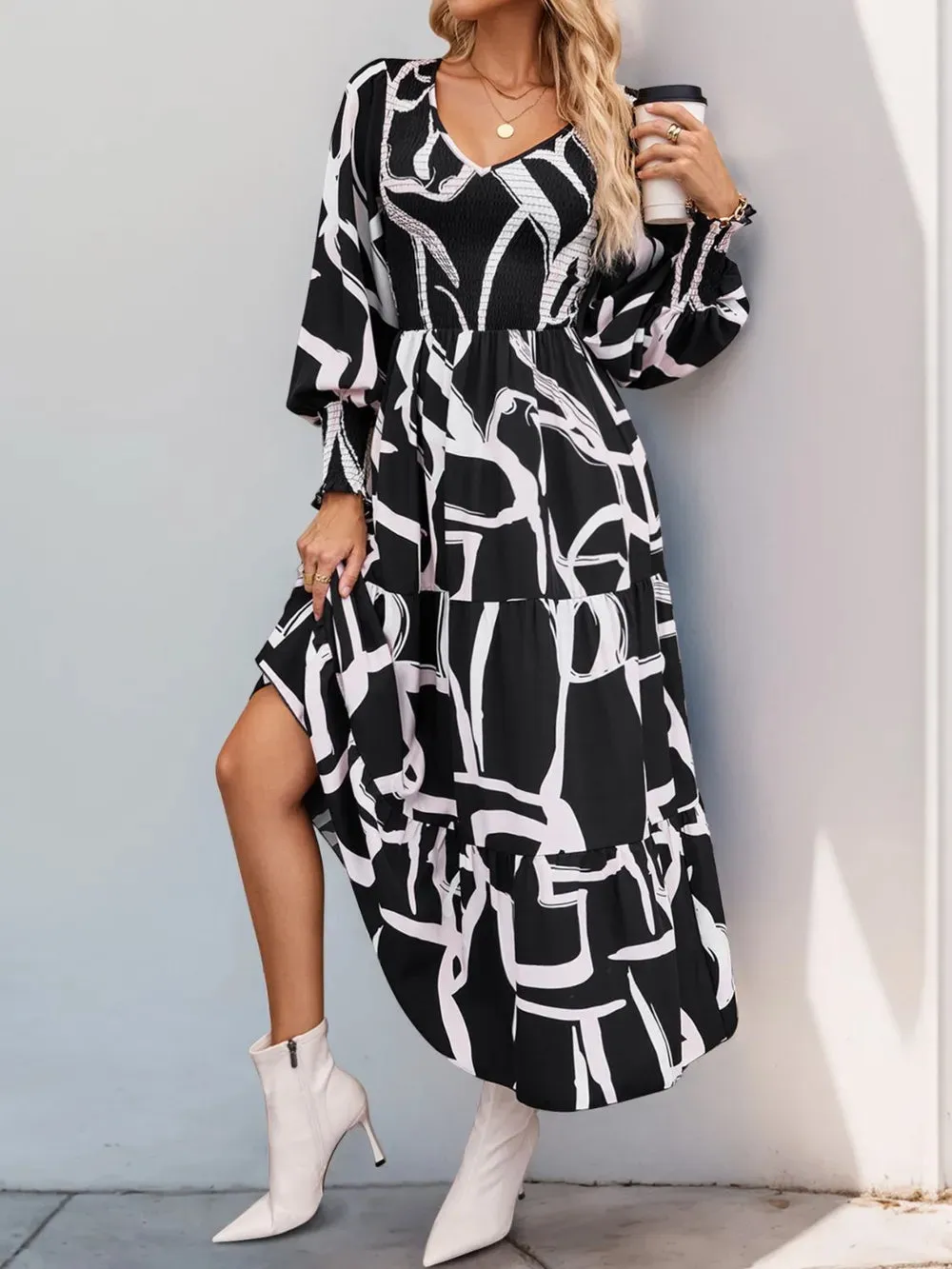 Perfee Smocked Printed Long Sleeve Midi Dress sold by Gigi Laurent product image thumbnail 4