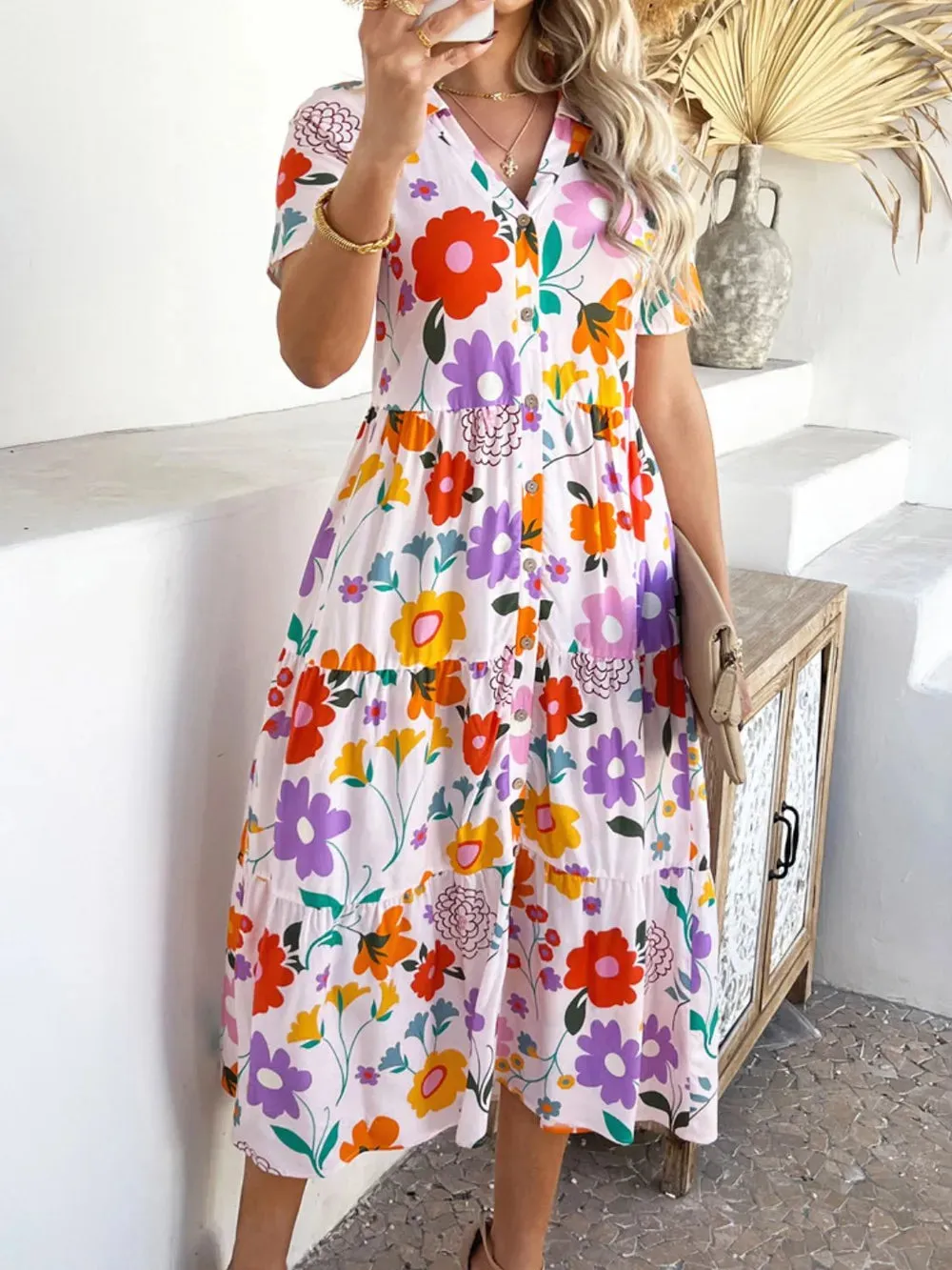 Devine Printed Johnny Collar Button Down Short Sleeve Midi Shirt Dress sold by Gigi Laurent product image thumbnail 5