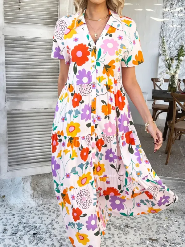 Devine Printed Johnny Collar Button Down Short Sleeve Midi Shirt Dress sold by Gigi Laurent