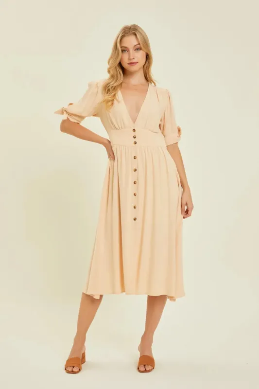 HEYSON Full Size Textured Linen V-Neck Button-Down Midi Dress sold by Gigi Laurent