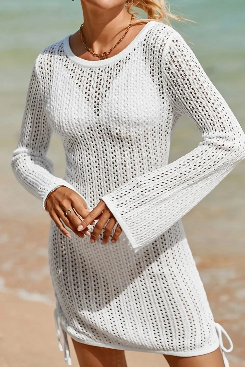 Hollow Out Bell Sleeve Drawstring Knit Cover Up Dress sold by Gigi Laurent product image thumbnail 2