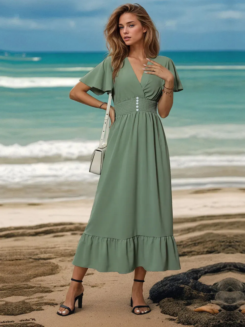 Perfee Surplice Flutter Sleeve Midi Dress sold by Gigi Laurent product image thumbnail 3