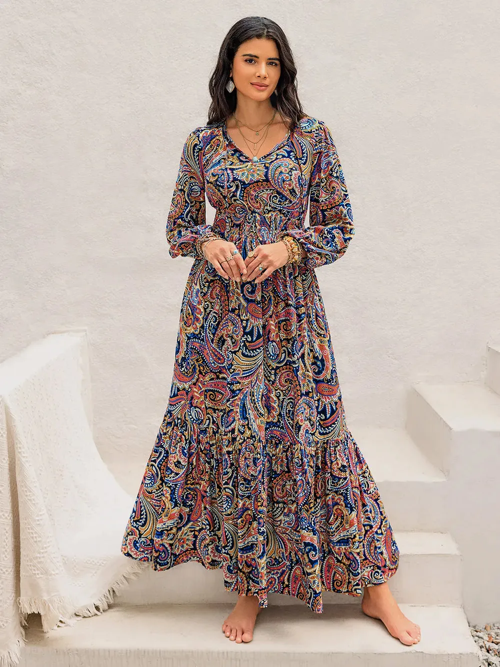 Printed Tie Neck Long Sleeve Midi Dress sold by Gigi Laurent product image thumbnail 4