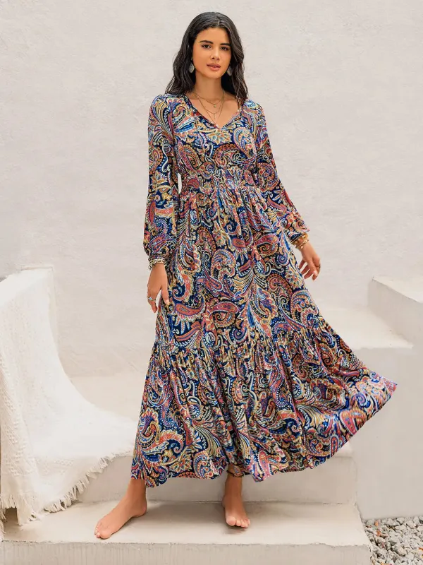 Printed Tie Neck Long Sleeve Midi Dress sold by Gigi Laurent