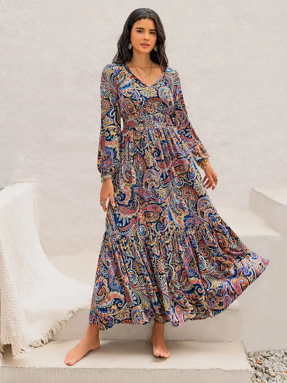 Printed Tie Neck Long Sleeve Midi Dress sold by Gigi Laurent