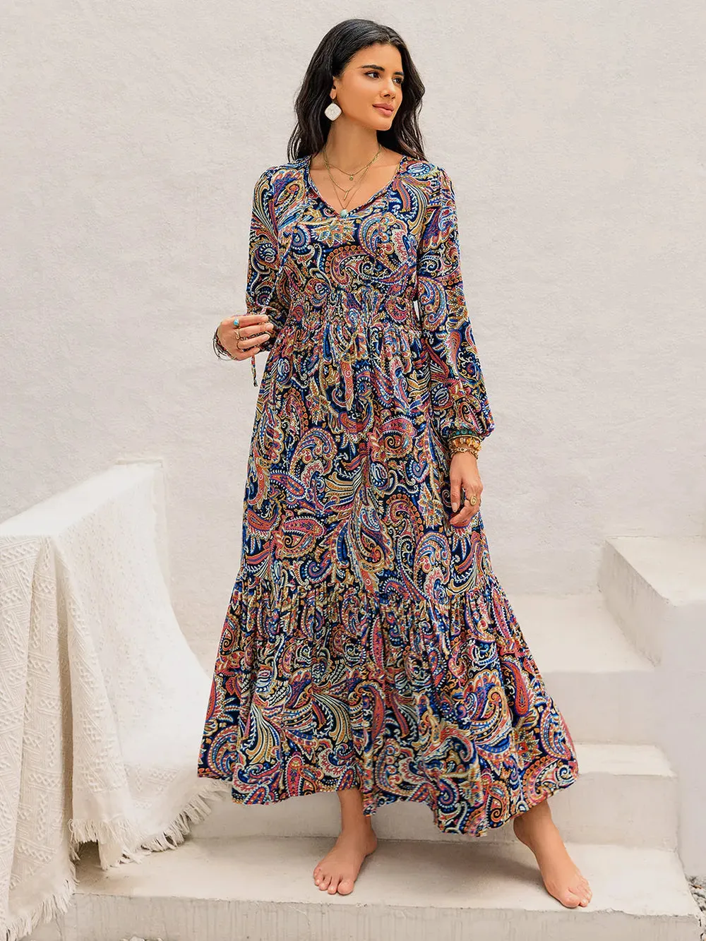 Printed Tie Neck Long Sleeve Midi Dress sold by Gigi Laurent product image thumbnail 5