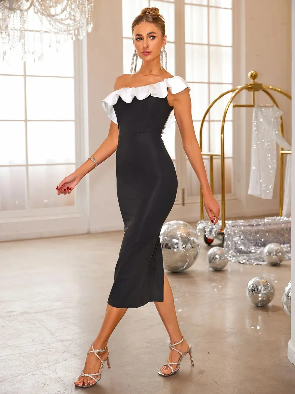 Slit Contrast Single Shoulder Midi Dress sold by Gigi Laurent product image thumbnail 3