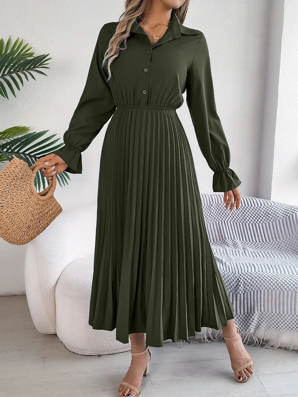 Pleated Half Button Long Sleeve Midi Dress sold by Gigi Laurent product image thumbnail 2