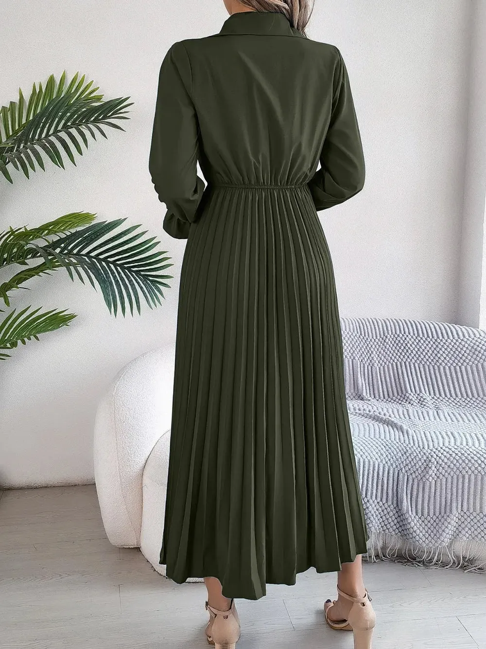 Pleated Half Button Long Sleeve Midi Dress sold by Gigi Laurent product image thumbnail 4
