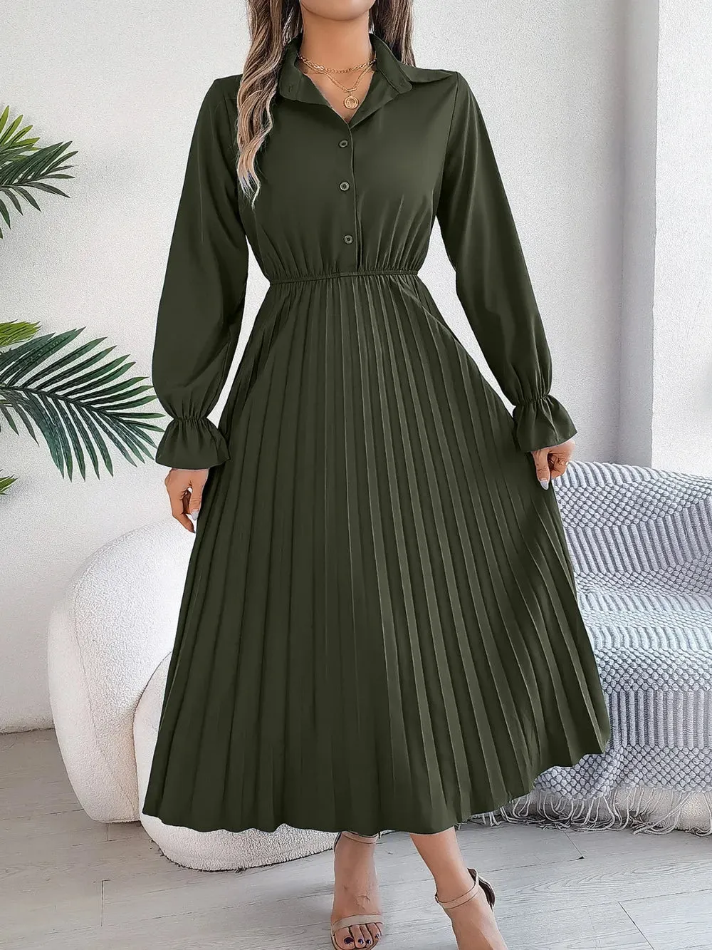 Pleated Half Button Long Sleeve Midi Dress sold by Gigi Laurent product image thumbnail 5