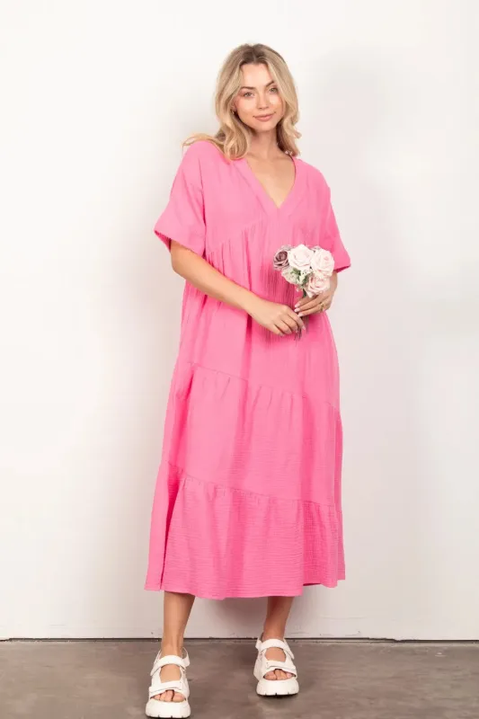 VERY J Soft Crinkle Gauze Short Sleeve Midi Dress sold by Gigi Laurent