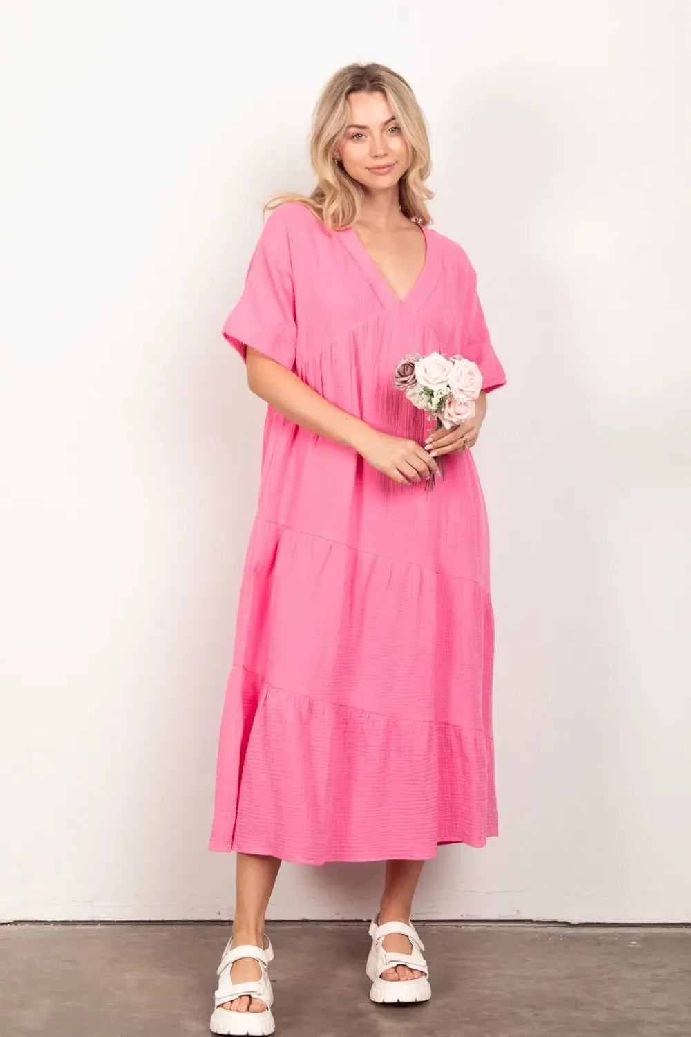 VERY J Soft Crinkle Gauze Short Sleeve Midi Dress sold by Gigi Laurent