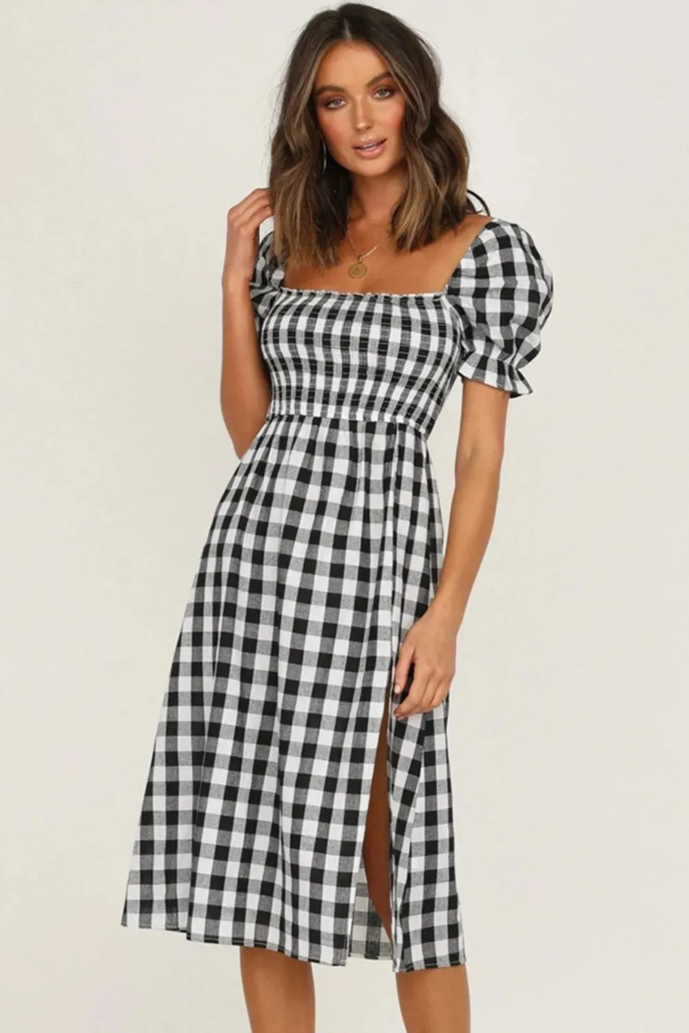 Full Size Slit Plaid Short Sleeve Midi Dress sold by Gigi Laurent product image thumbnail 5