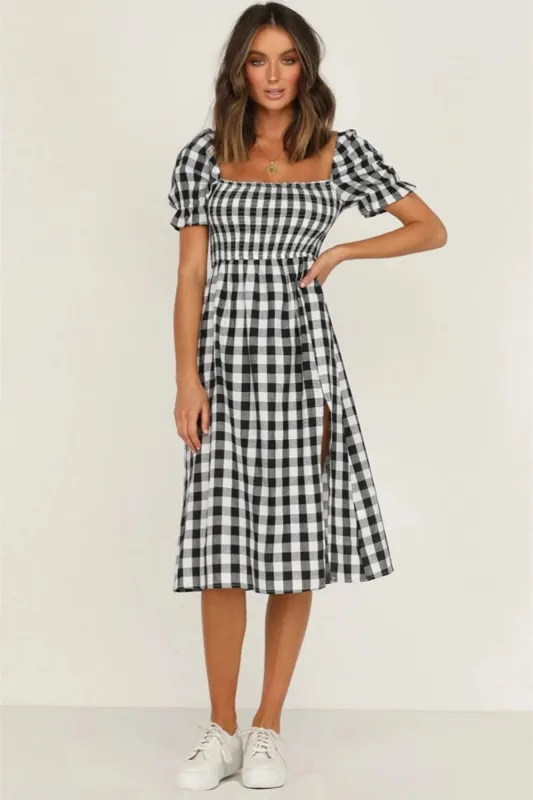 Full Size Slit Plaid Short Sleeve Midi Dress sold by Gigi Laurent