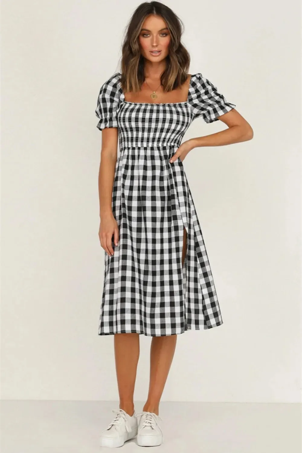 Full Size Slit Plaid Short Sleeve Midi Dress sold by Gigi Laurent
