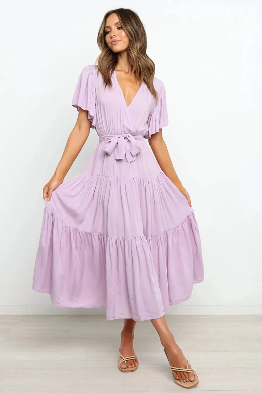 Tied Back Tiered Short Sleeve Midi Dress sold by Gigi Laurent