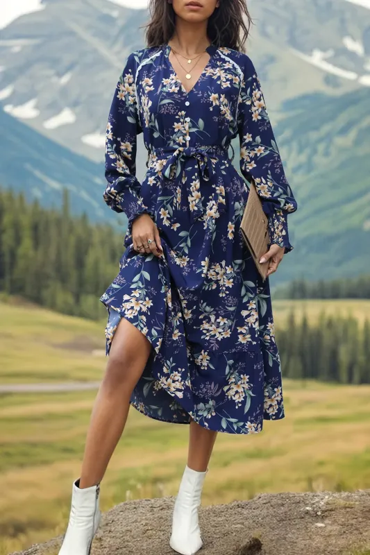 Perfee Printed Notched Lantern Sleeve Midi Dress sold by Gigi Laurent
