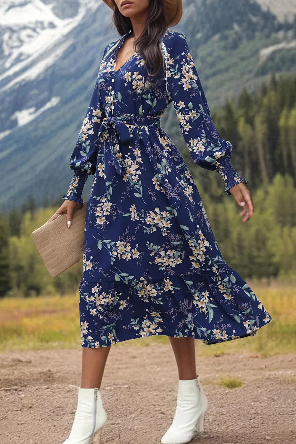 Perfee Printed Notched Lantern Sleeve Midi Dress sold by Gigi Laurent product image thumbnail 4