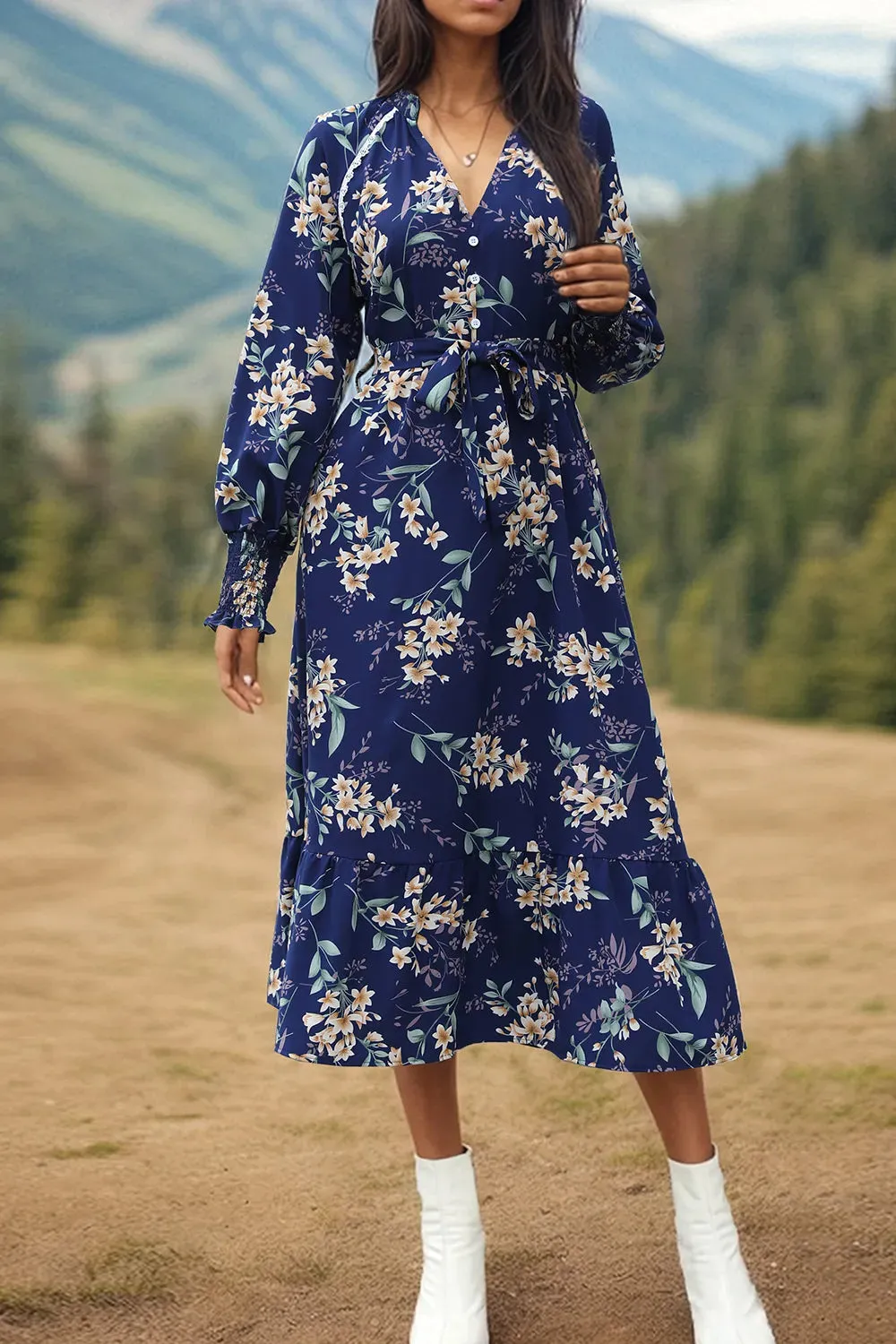 Perfee Printed Notched Lantern Sleeve Midi Dress sold by Gigi Laurent product image thumbnail 5