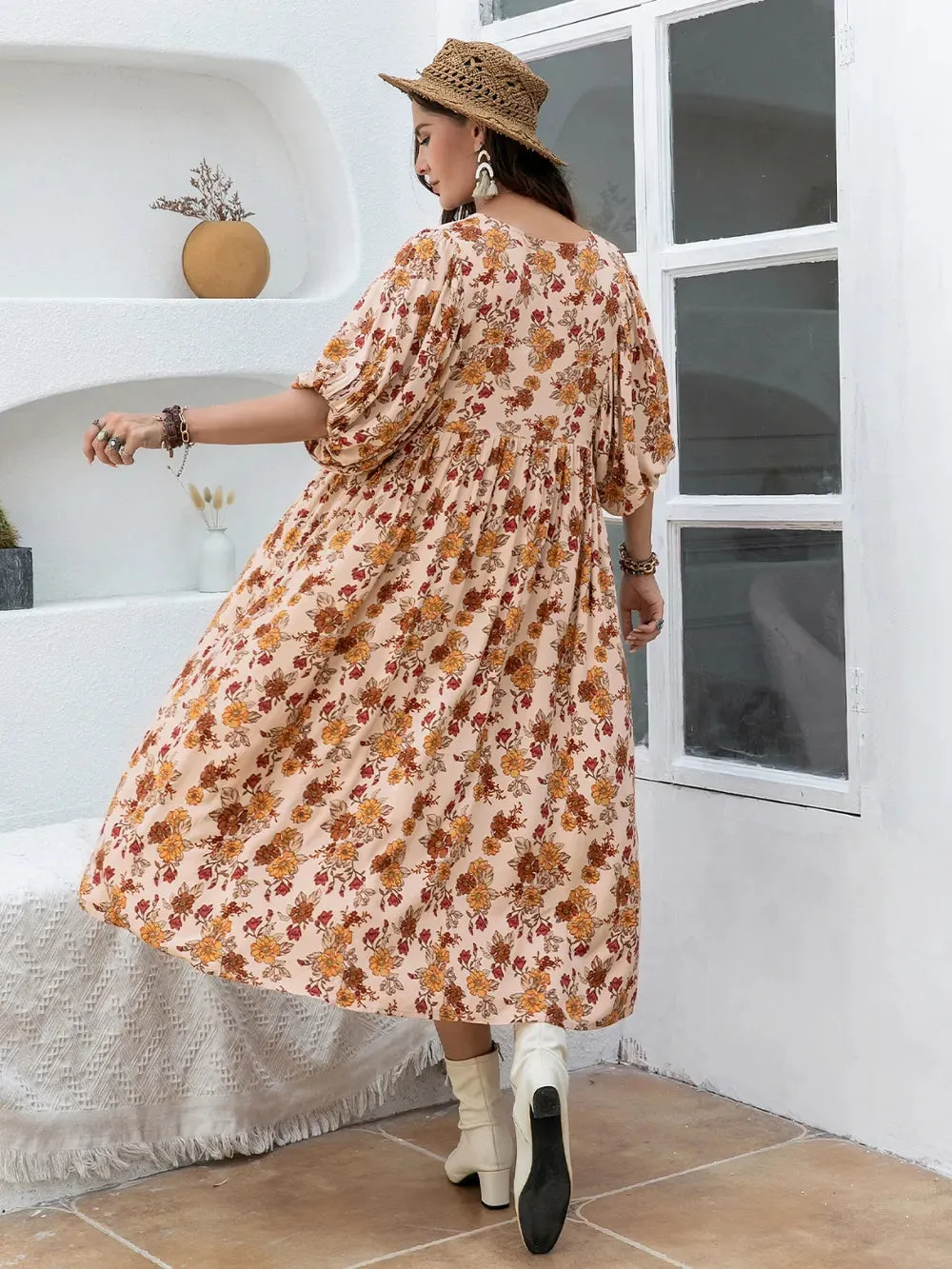 Plus Size Printed Tie Neck Half Sleeve Midi Dress sold by Gigi Laurent product image thumbnail 2