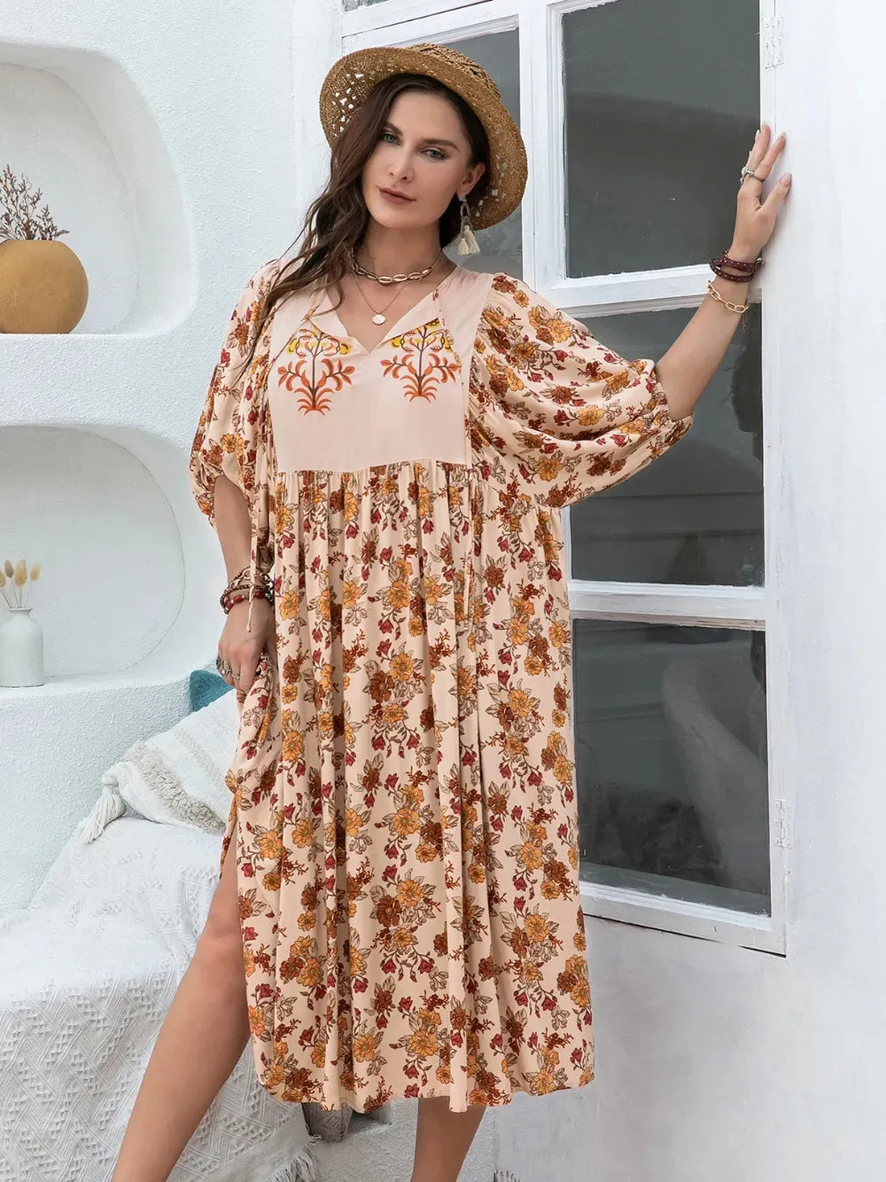 Plus Size Printed Tie Neck Half Sleeve Midi Dress sold by Gigi Laurent product image thumbnail 5