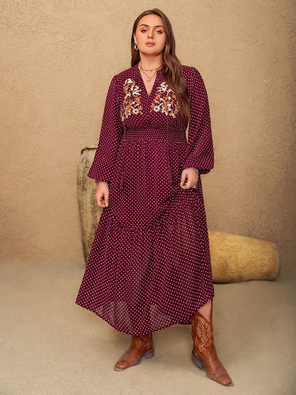 Plus Size Embroidered Polka Dot Tie Neck Long Sleeve Midi Dress sold by Gigi Laurent product image thumbnail 5