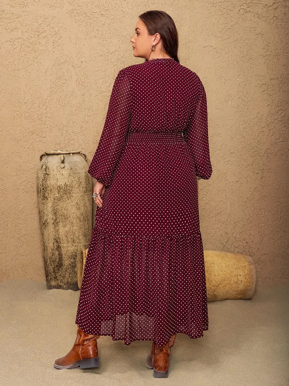 Plus Size Embroidered Polka Dot Tie Neck Long Sleeve Midi Dress sold by Gigi Laurent product image thumbnail 2