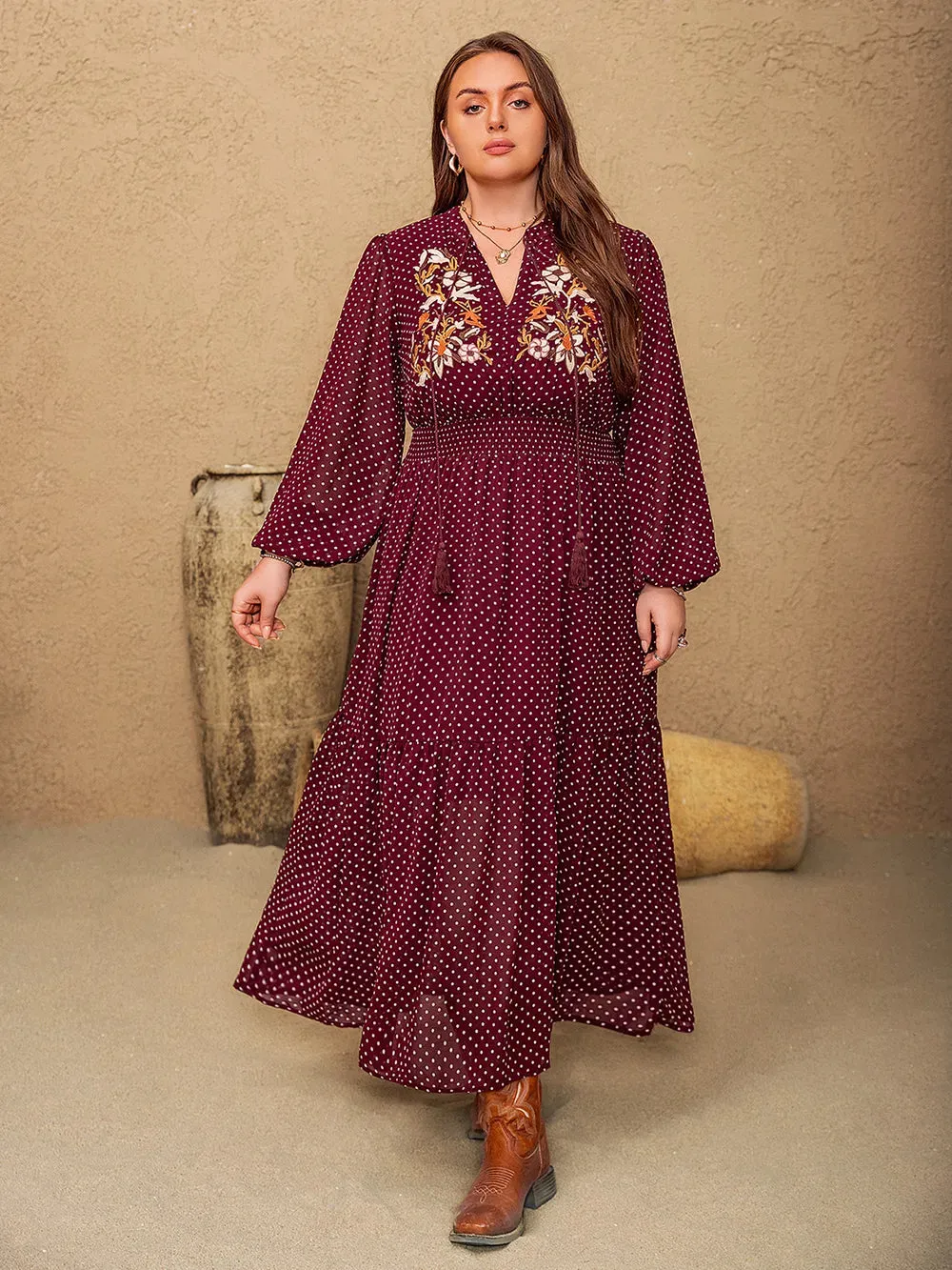Plus Size Embroidered Polka Dot Tie Neck Long Sleeve Midi Dress sold by Gigi Laurent product image thumbnail 4