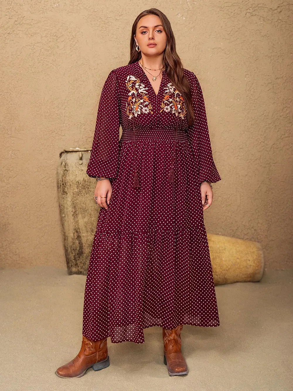 Plus Size Embroidered Polka Dot Tie Neck Long Sleeve Midi Dress sold by Gigi Laurent