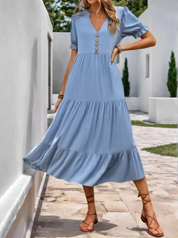Perfee Decorative Button Notched Short Sleeve Midi Dress sold by Gigi Laurent