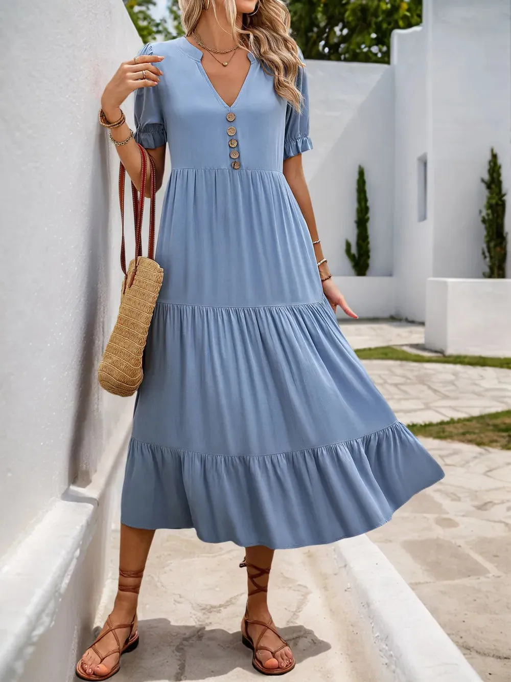 Perfee Decorative Button Notched Short Sleeve Midi Dress sold by Gigi Laurent product image thumbnail 3