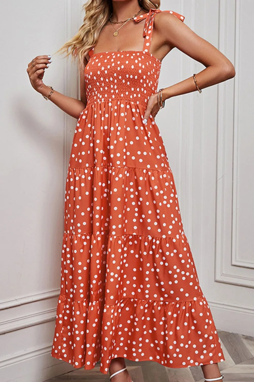 Polka Dot Smocked Tiered Sleeveless Dress sold by Gigi Laurent