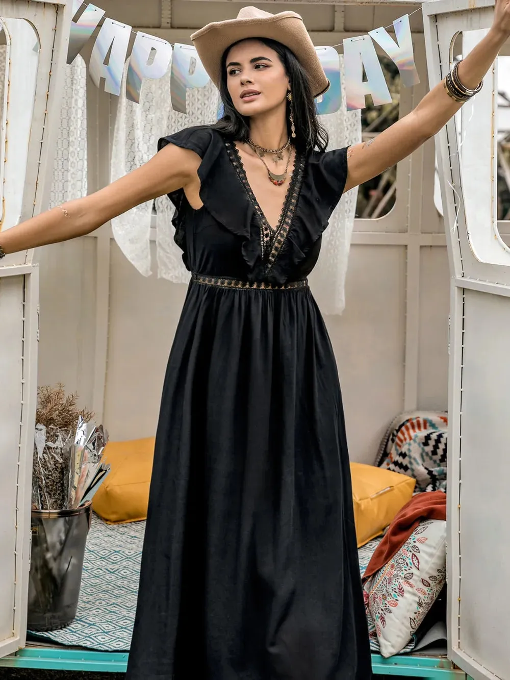 Lace Detail Plunge Cap Sleeve Midi Dress sold by Gigi Laurent product image thumbnail 5